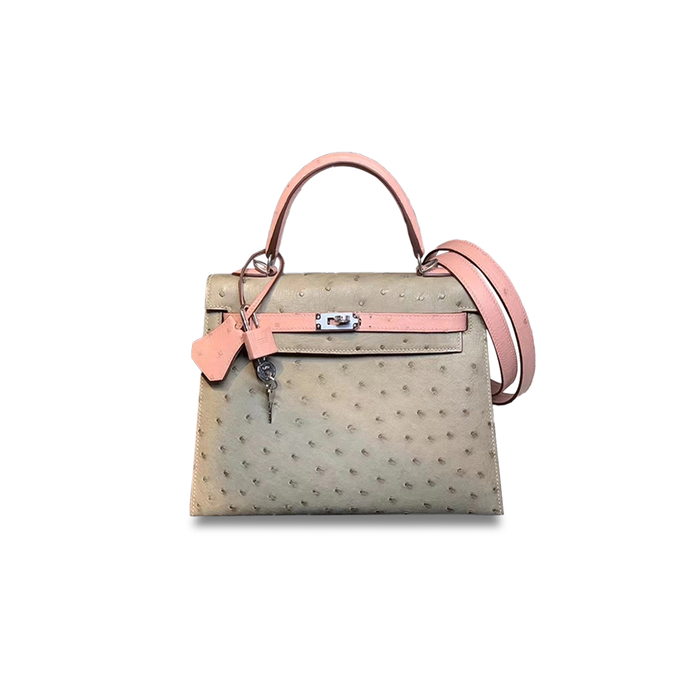 H**mes master kelly 25 ostrich leather turtledove grey and ceramic powder silver buckle (25*17*7cm)